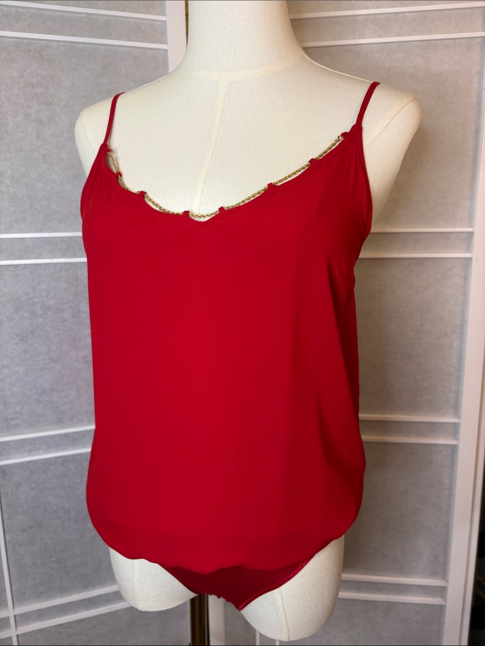 Red Strappy Chain Trim Blouson Bodysuit By Guess XS